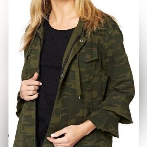 sanctuary (Anthropologie) camo hidden zip layered raw edge ruffle sleeve hoodie - Picture 1 of 9
